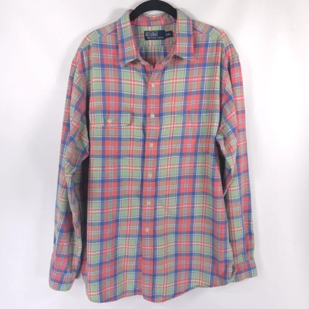 Polo Ralph Lauren Flannel Work Shirt Plaid LS Button Up Double Pocket Size XL